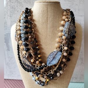 Necklace Choker Torsade 11 Strands Multi Chains Gold Black Tone